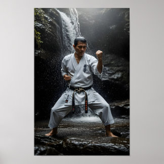 Poster Mestre de Karate Executando Kata Sob Cachoeira
