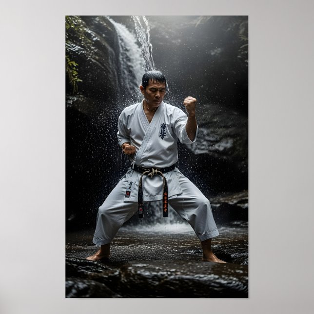 Poster Mestre de Karate Executando Kata Sob Cachoeira (Frente)