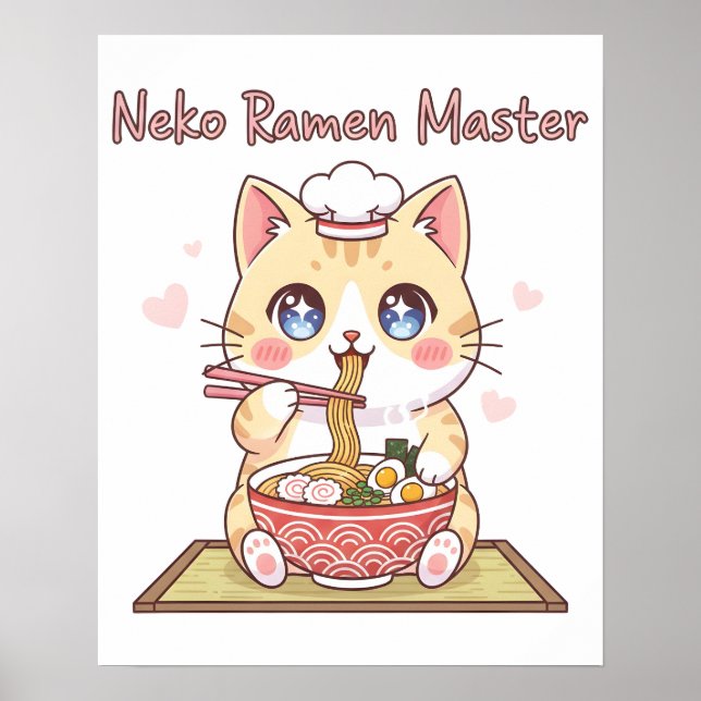 Poster Mestre de Ramen de Gato Fofo Kawaii Chef de Comida (Frente)