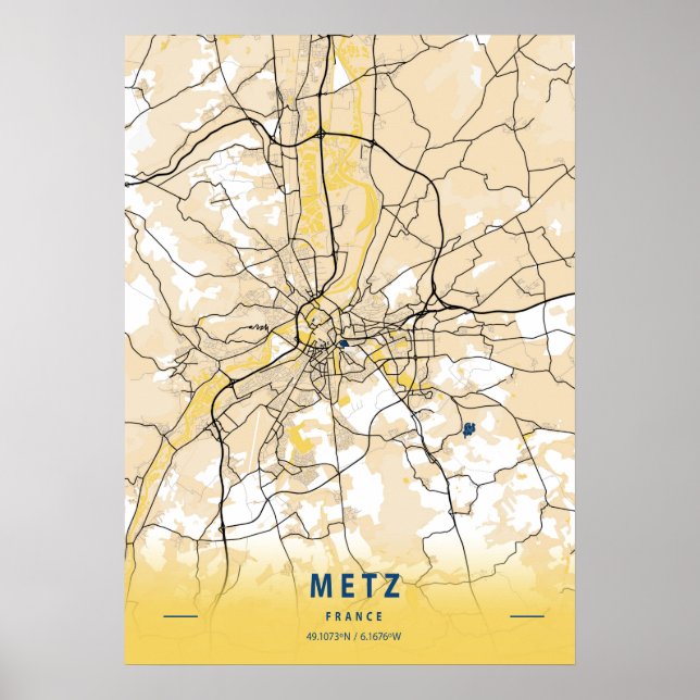 Poster Metz - Mapa da cidade amarela da França (Frente)