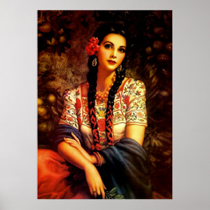 Poster Mexican Vintage Pin-Up Girl with Long Braids