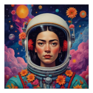 Póster Mexicana no Espaço Estilo Frida Poster brilhante