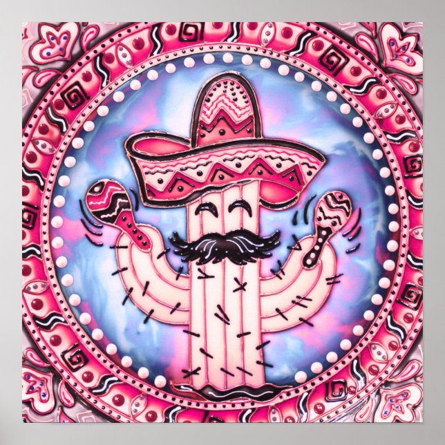 Poster Mexicano Fiesta Cinco de Mayo Sombrero Azul Rosa (Frente)