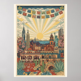 Poster Mexico City Skyline Vintage Travel American gift