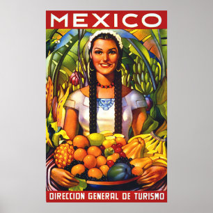 Poster México, mulher de sorriso com frutas tropicas,