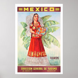 Poster México, mulher mexicana com cesta de fruta trópica