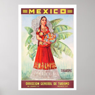 Poster México, mulher mexicana com cesta de fruta trópica