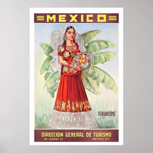 Poster México, mulher mexicana com cesta de fruta trópica (Frente)