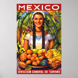 Poster México, mulher sorrindo com frutas tropicais, vint