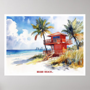 Poster Miami Beach, Flórida, cartão-postal de pintura aqu