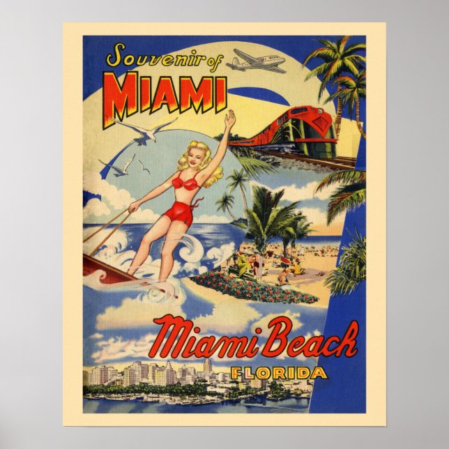 Poster Miami Beach Flórida turismo de safra e anos 40 (Frente)