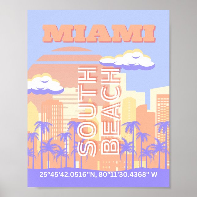 Poster Miami Beach, Miami Viagem Art, Preppy Room, Pastel (Frente)