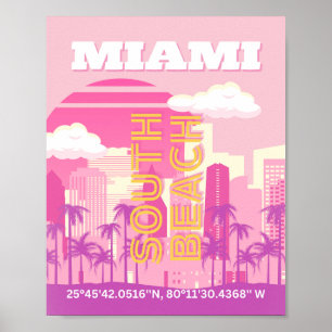 Poster Miami Beach, Miami Viagem Art, Preppy Room, rosa