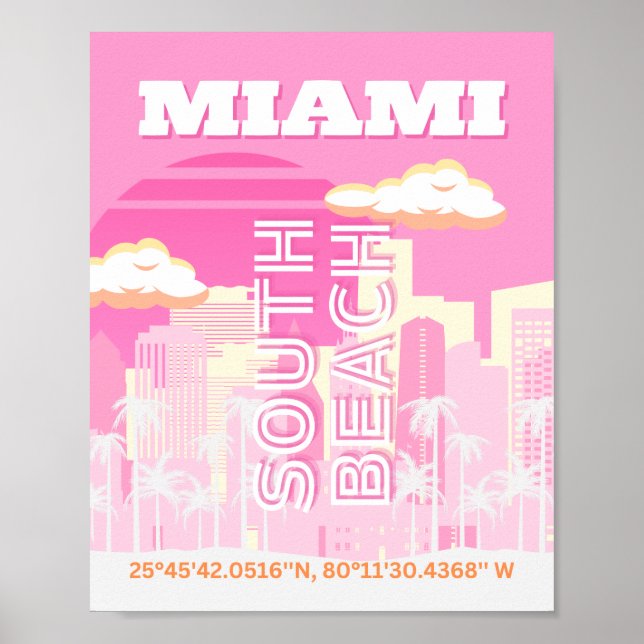 Poster Miami Beach, Miami Viagem Art, Preppy, rosa (Frente)