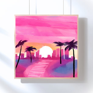 Poster Miami em Rosa Pintura em Aquarela Brilhante