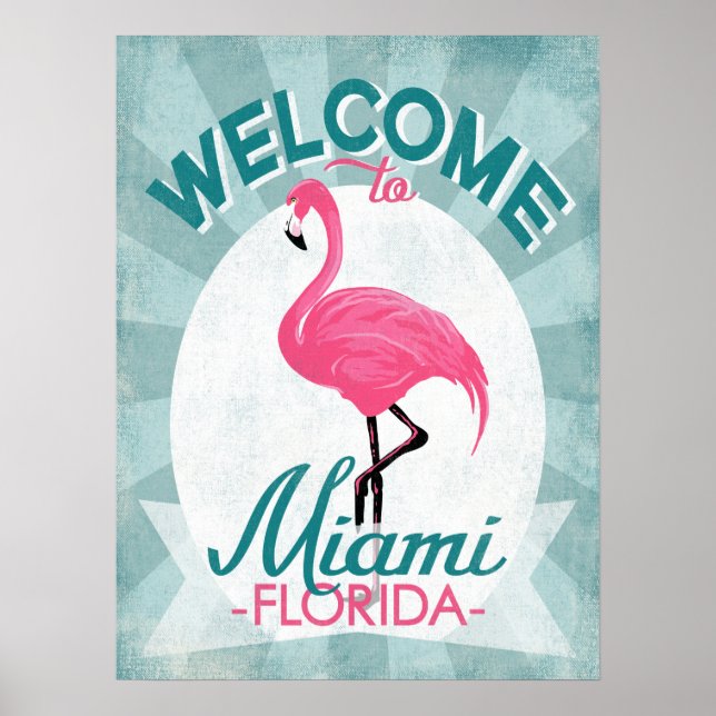 Poster Miami Florida Pink Flamingo - Vintage Retro Viagem (Frente)