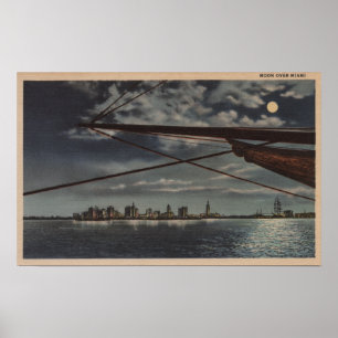 Póster Miami, Florida - vista enluarada da cidade sobre a