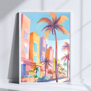 Poster Miami Road Rua Colorida Aquarela