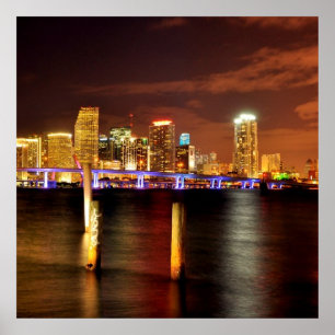 Poster Miami skyline at night, Florida