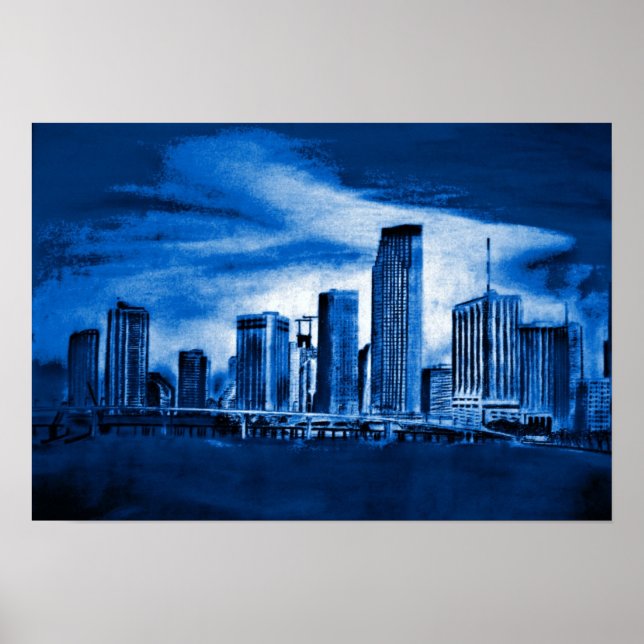 Póster Miami Skyline em Azul (Frente)