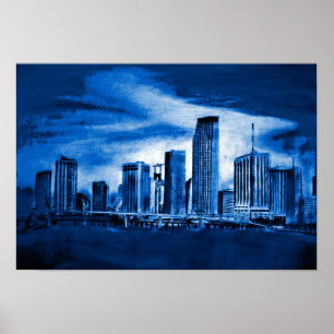 Póster Miami Skyline in Blue