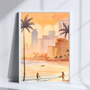 Poster Miami Sunrise   Pintura da Silhueta em Aquarela Am