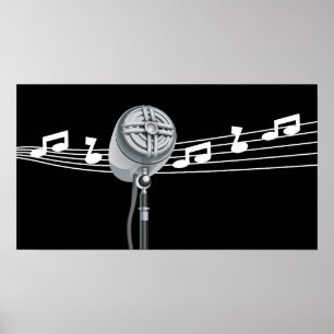Póster Mic retro legal & costume preto das notas musicais