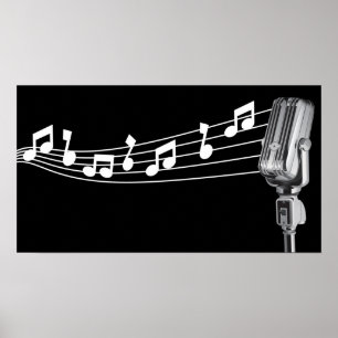 Póster Mic retro legal & costume preto das notas musicais