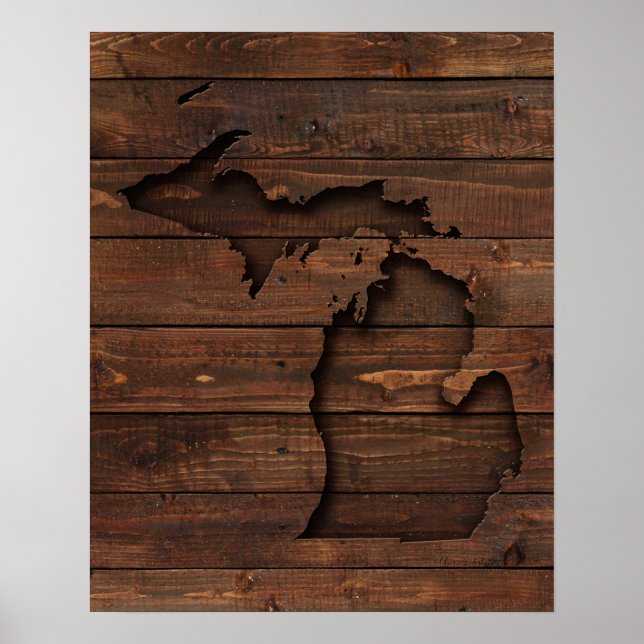 Póster Michigan Brown Wood Carved (Frente)