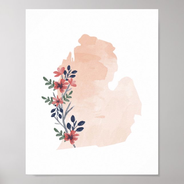 Poster Michigan Floral Watercolor State (Frente)