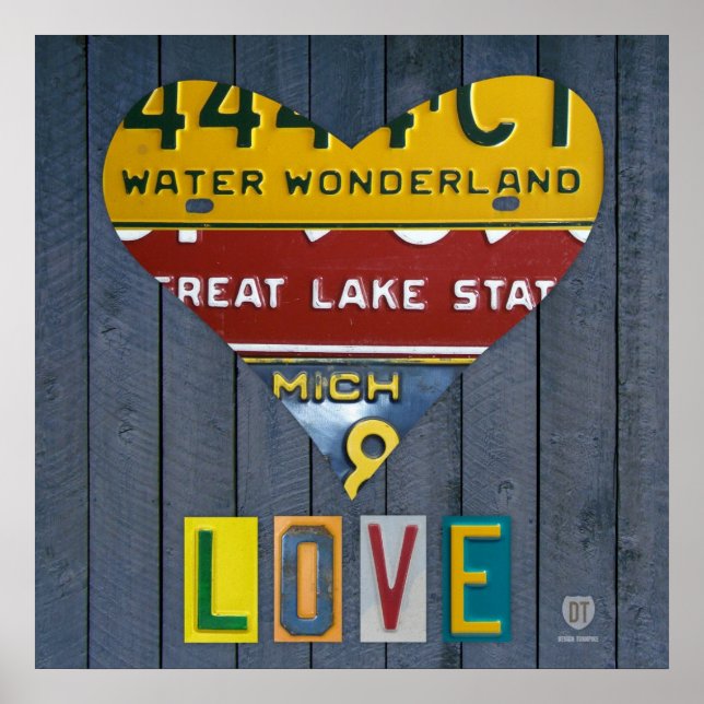 Poster Michigan License Plate Love Heart Vintage Art (Frente)