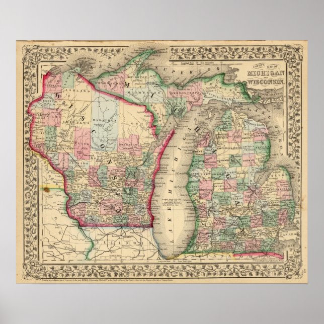 Póster Michigan, Mapa de Wisconsin por Mitchell (Frente)