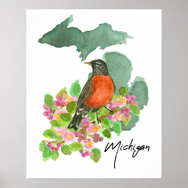 Poster Michigan State American Robin Flor de Maçã (Frente)