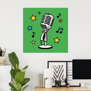 Poster Microfone Antigo Notas Musicais Design Retro de Ca