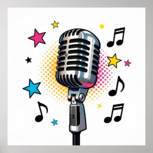 Poster Microfone pop com estrelas coloridas e notas music