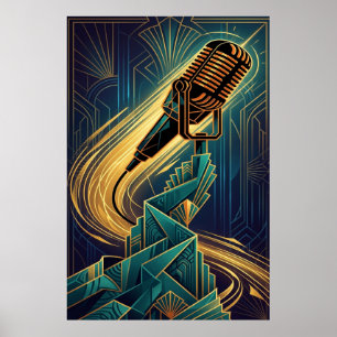 Poster Microfone Vintage Art Deco Música Dourado & Azul T