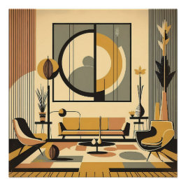 Póster Mid Century Interior Design Autumn Hues Livingroom