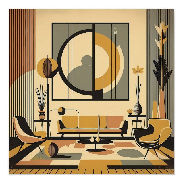 Póster Mid Century Interior Design Autumn Hues Livingroom (Frente)