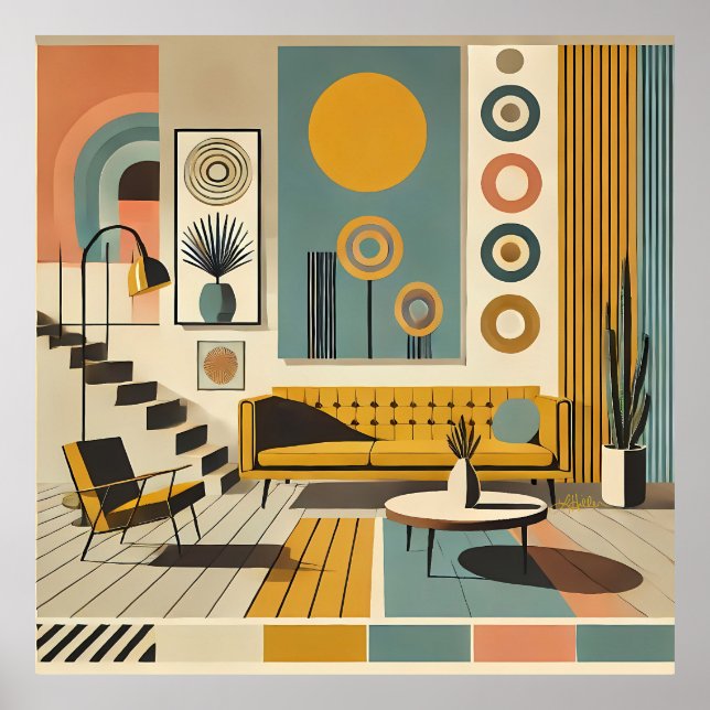 Poster Mid Century Interior Design Dessert Livingroom (Frente)