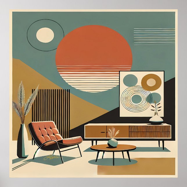 Poster Mid Century Interior Design Sunrise Livingroom (Frente)