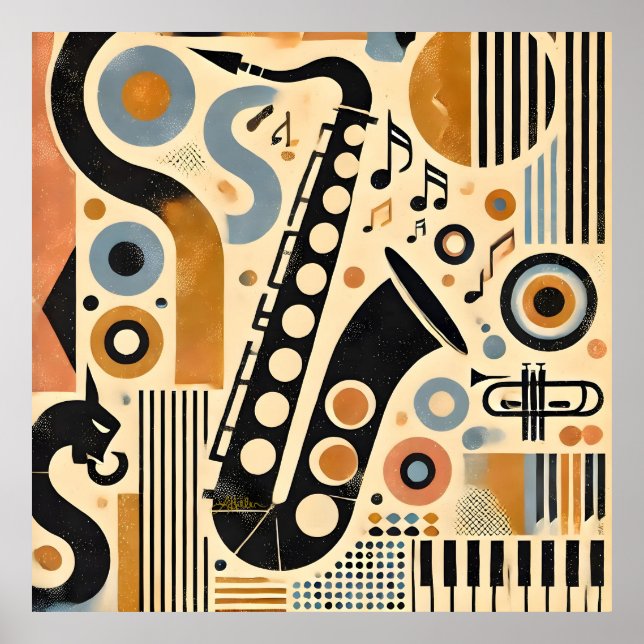 Poster Mid Century Jazz Age Minimalist Art Saxophone (Frente)