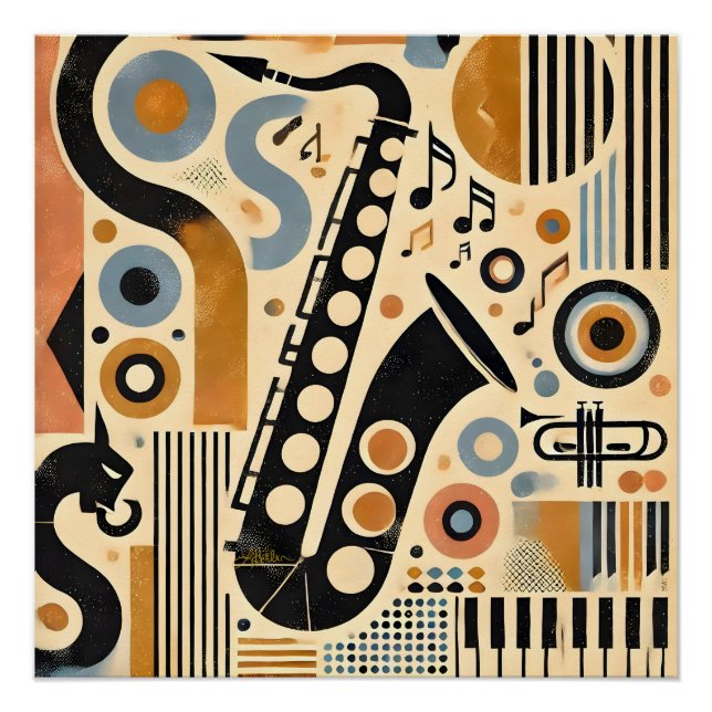 Póster Mid Century Jazz Age Minimalist Art Saxophone (Frente)