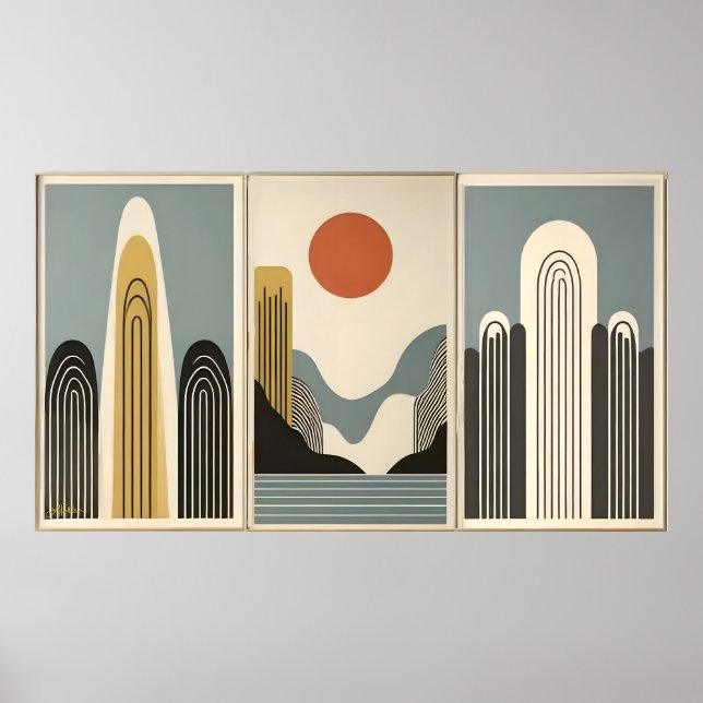 Poster Mid Century Modern Art Mountain Lake Sunrise (Frente)