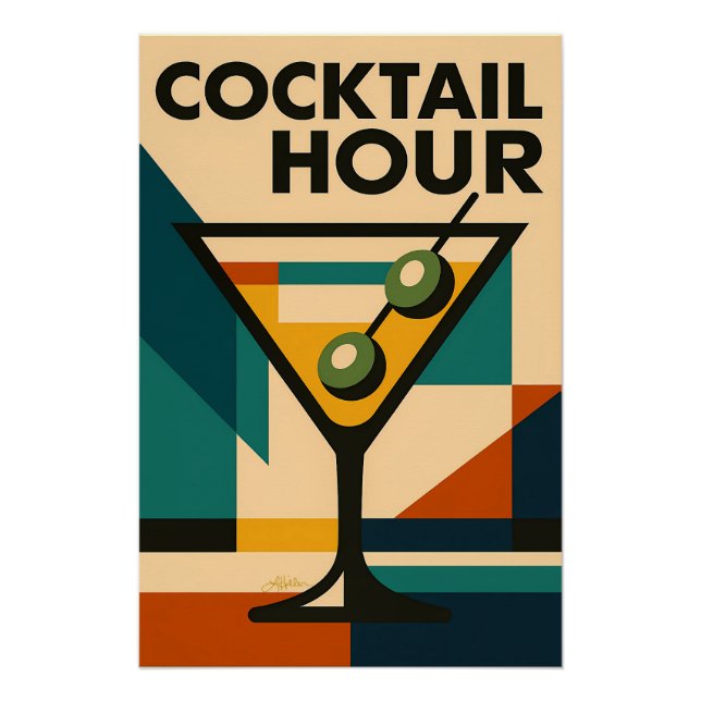 Póster Mid Century Modern Bauhaus Cocktail Hour Martini (Frente)