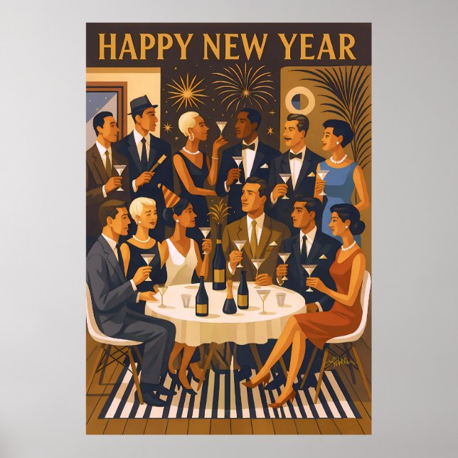 Poster Mid Century Modern Martini Intellectuals New Year (Frente)