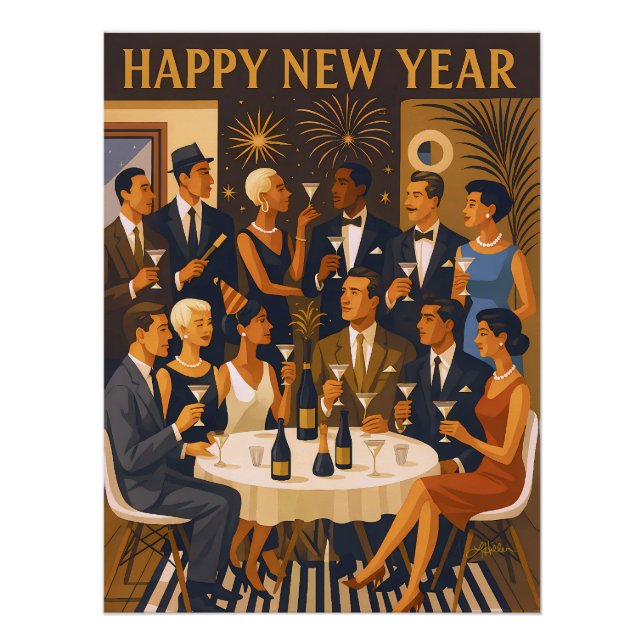 Póster Mid Century Modern Martini Intellectuals New Year (Frente)