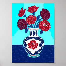 Poster Mid-Century Modern Red Peonies in Chinoiserie Vase