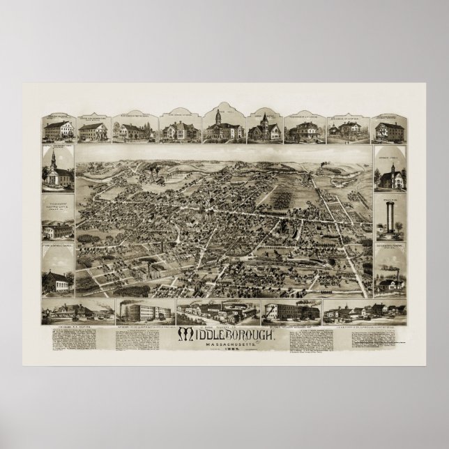 Póster Middleborough, Mapa Panorâmico do MÃE - 1889 (Frente)