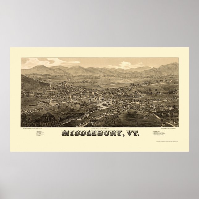 Póster Middlebury, VT Panorâmica Map - 1886 (Frente)