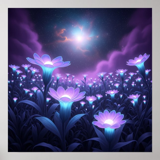 Poster Midnight Bloom Field under Glowing Cosmic Sky (Frente)